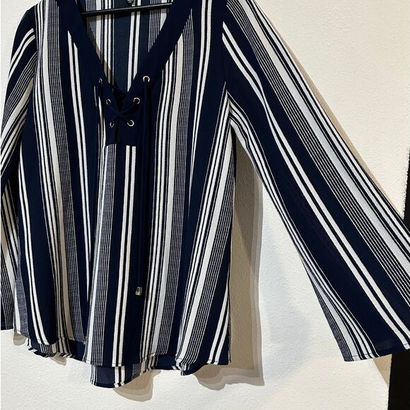 Karina & Chloe Coastal Striped Flowy Lace Up Blouse - Picture 2 of 9
